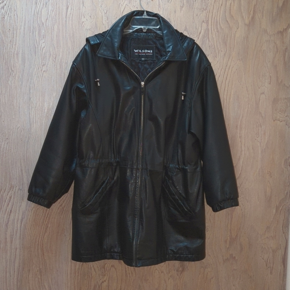Wilsons Women's Hooded Black Leather Coat Size L